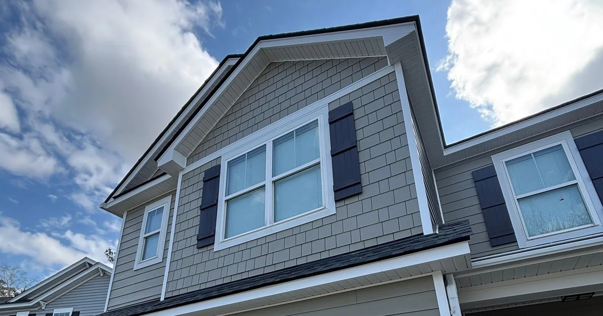 Taupe shingle-pattern gable above white trim, with horizontal lap siding on the adjoining walls