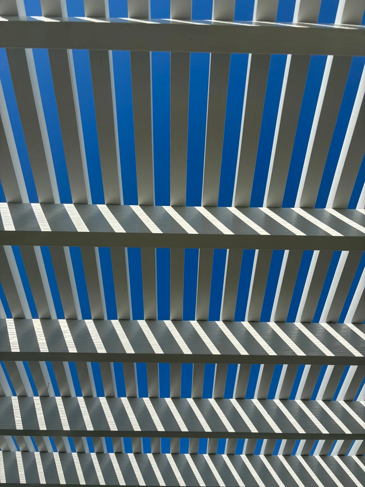 Blue sky visible between the white overhead slats of the completed pergola