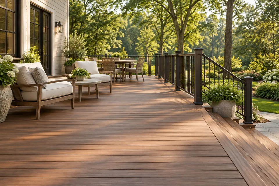Warm brown deck with outdoor seating beside a leafy Southern backyard.