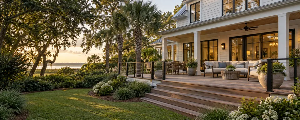 Coastal-style home with ivory lap siding, a wide brown deck, black railings and palmettos in warm evening light.