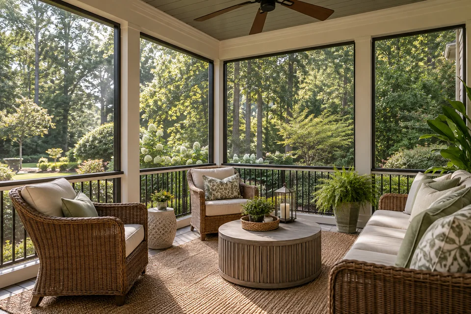 Fixed screened-in porch with wicker seating and a garden beyond the mesh panels.
