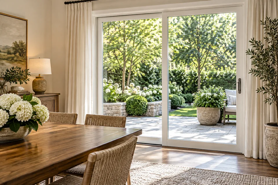 White-framed sliding patio door connecting a dining room to a leafy garden.