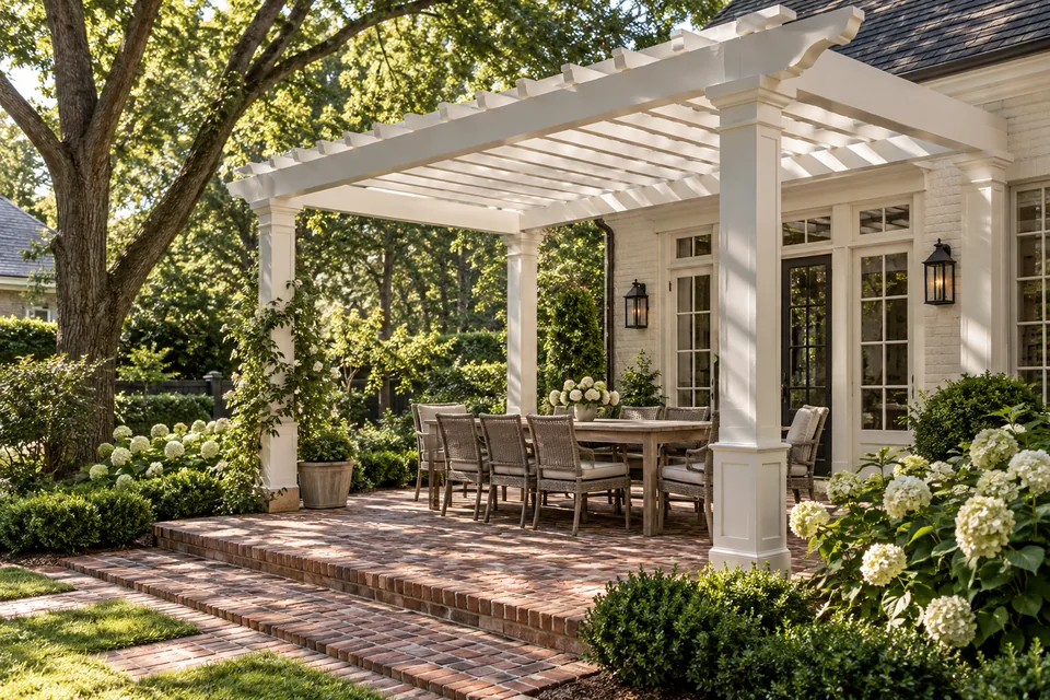 White open-lattice pergola shading a brick garden patio and outdoor dining table.