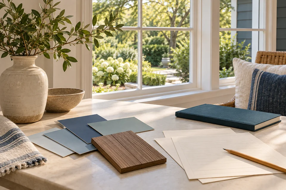 Material samples, a notebook and pencil on a sunlit planning table beside a leafy garden.