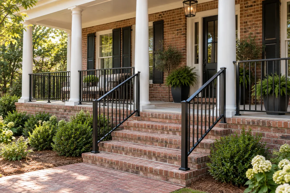 Black porch and stair railings framing brick steps and white columns.