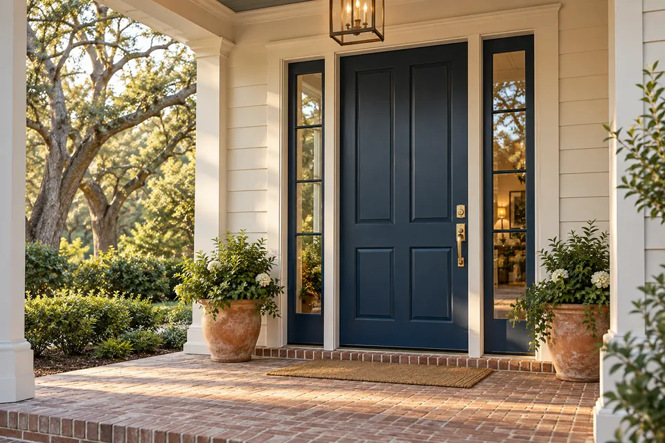 Deep blue front door with sidelights, white siding and a brick porch.