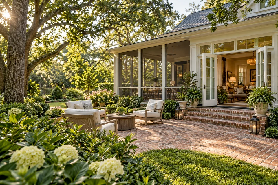 A screened Southern porch opening onto a brick patio and a leafy garden.