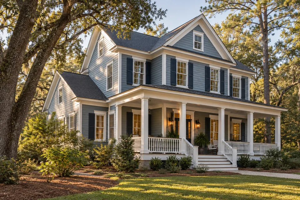 Blue-gray lap-sided Southern home with white trim and mature inland trees.