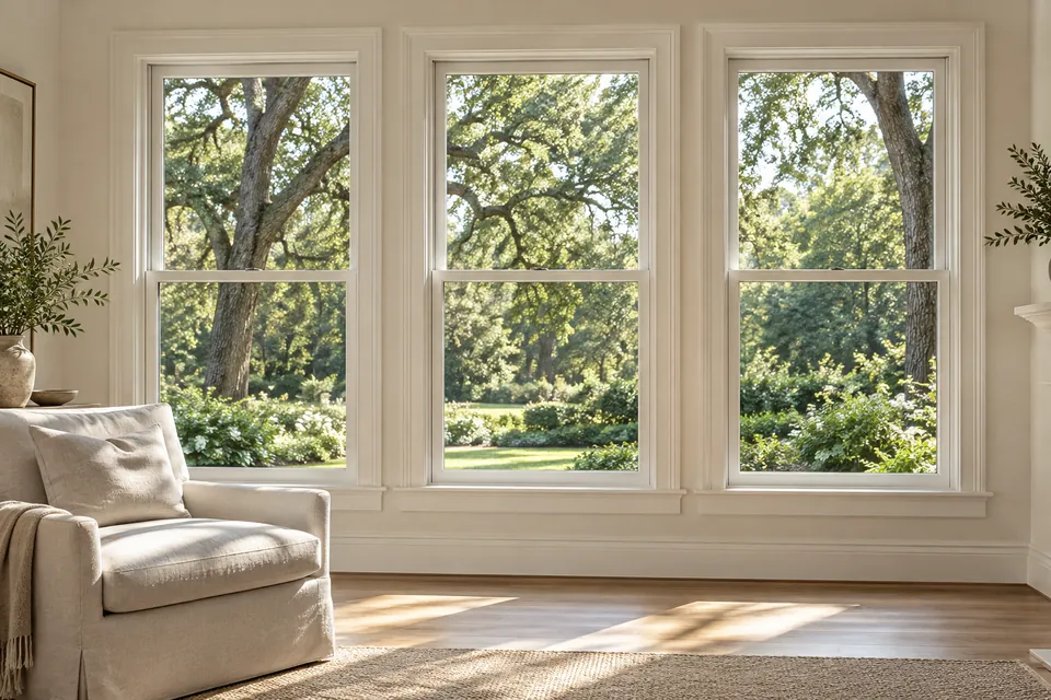 White-framed windows overlooking a leafy garden from a bright living room.