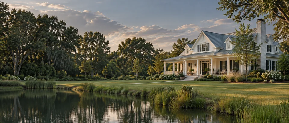 A white Southern cottage beside a quiet freshwater pond and mature trees.