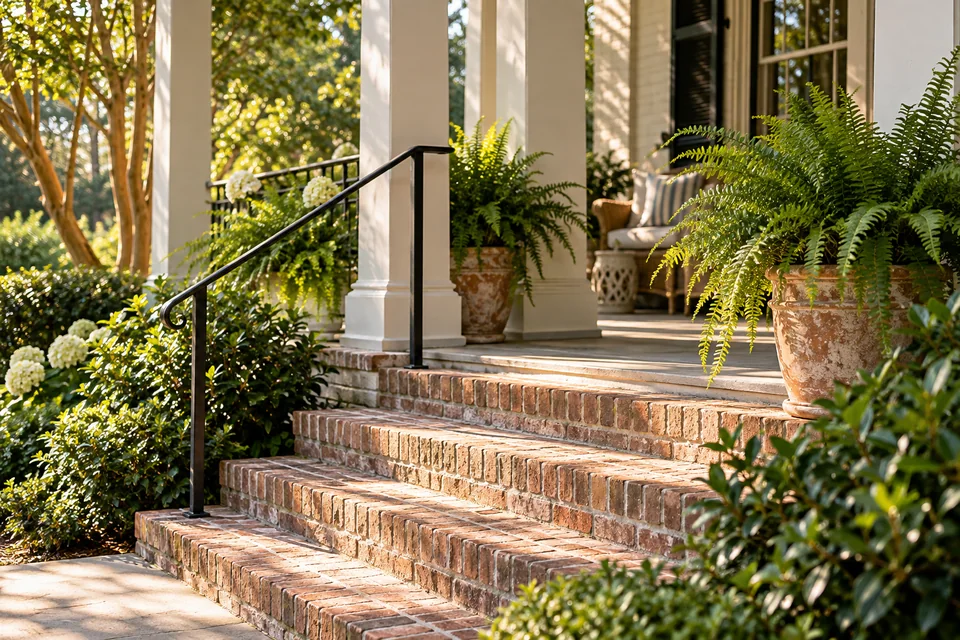 Brick porch steps, painted columns and potted ferns in afternoon light.