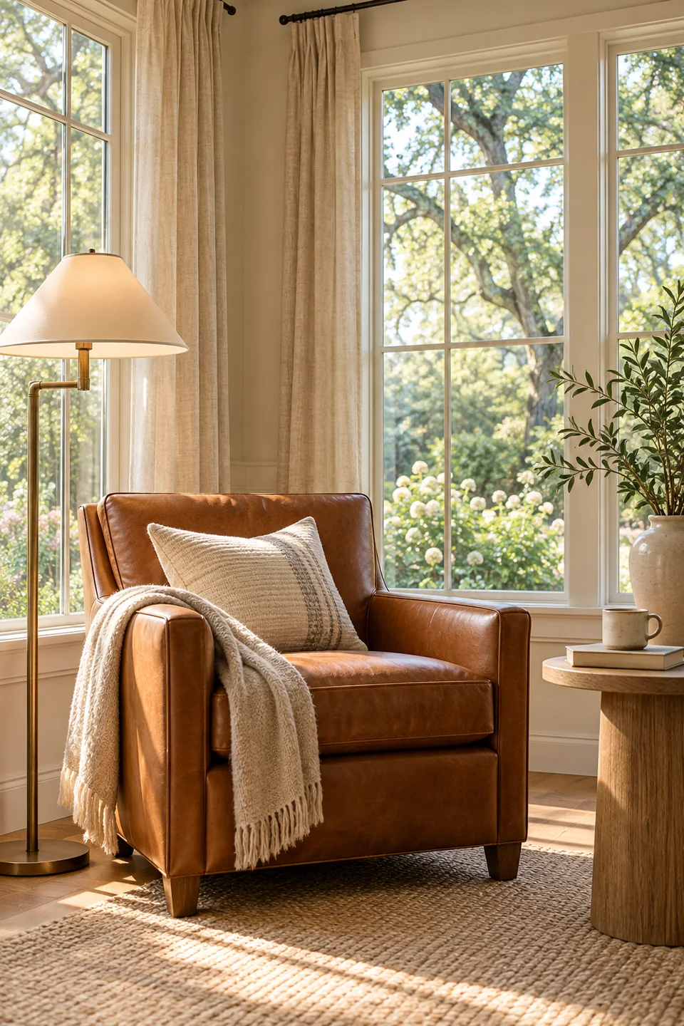 A leather reading chair and side table beside tall garden-facing windows.