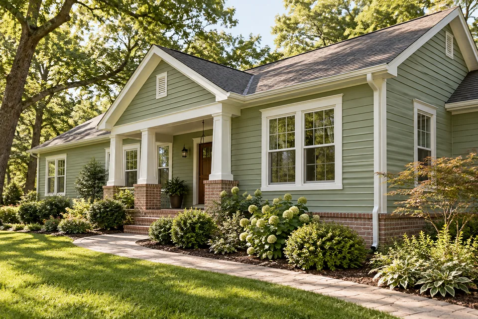 Sage-green vinyl-sided Southern home with white trim and a brick foundation.