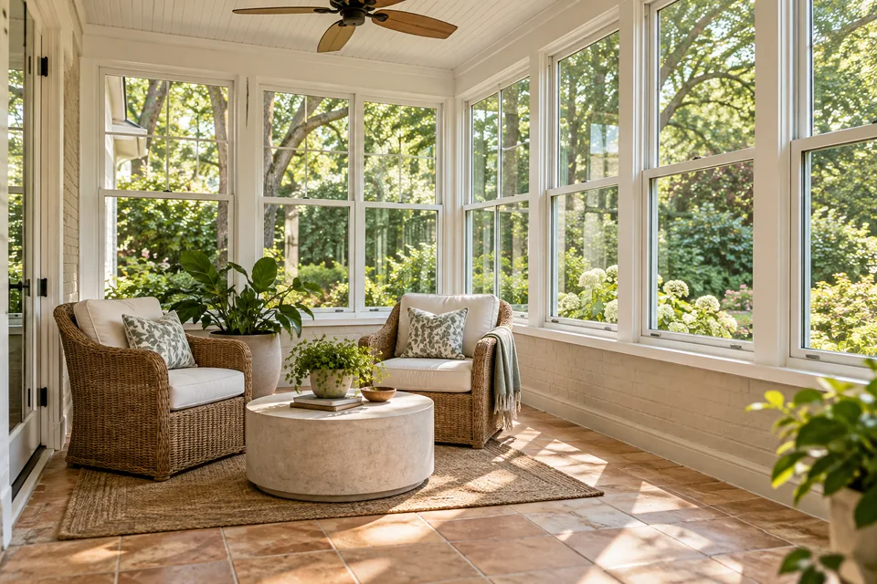 Window-enclosed patio room with white frames, tile flooring and garden views.