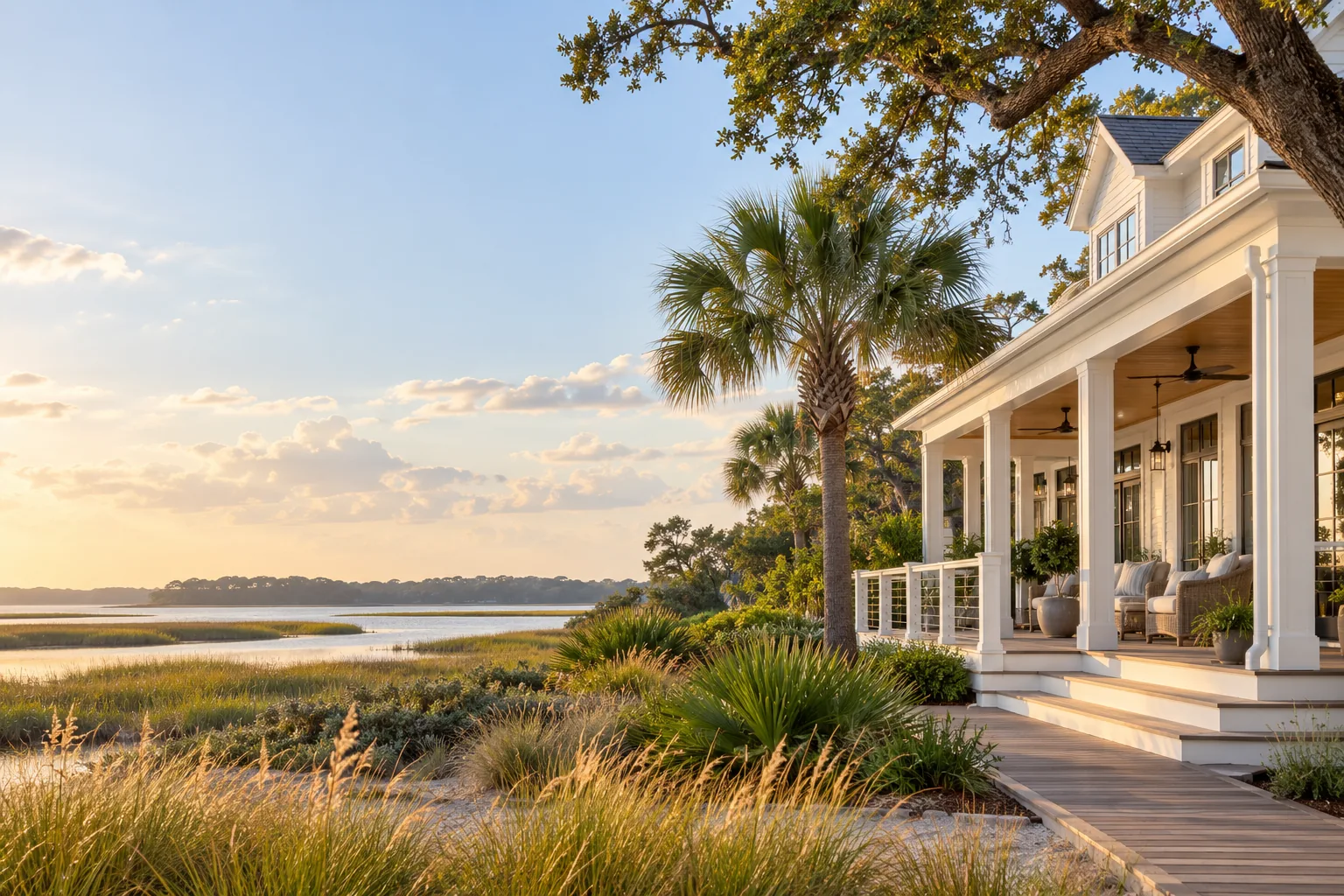 Southern home with a broad porch and leafy landscaping beside the water.